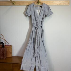 J. Crew Women's Blue Pinstripe Short Sleeve Tie Waist Jumpsuit Size 0 NEW